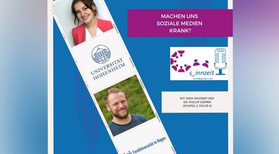 Collage dieser Podcastfolge: Fotos von Jana Wagner und Dr. Phillip Ozimek, die Logos der Universität Hohenheim, der Fernuniversität Hagen und von s_innzeit sowie die Schriftzüge "Machen uns soziale Medien krank?" und "mit Jana Wagner und Dr. Phillip Ozimek, Staffel 2, Folge 8"