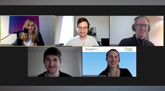 Ein Screenshot der Podcast-Aufnahme. Zu sehen sind die Moderator_innen Dr. Marina-Rafaela Buch und Jens Koller, Stephan Post (Ton und Technik), sowie die Gäste Yannick Liedholz und Janina Yeung (von links nach rechts)